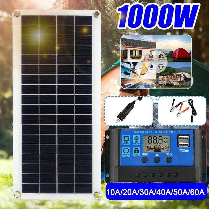 Painel Solar 1000W 12V com Controlador 60A/100A – Energia Sustentável para Carros, RVs e Dispositivos Eletrônicos